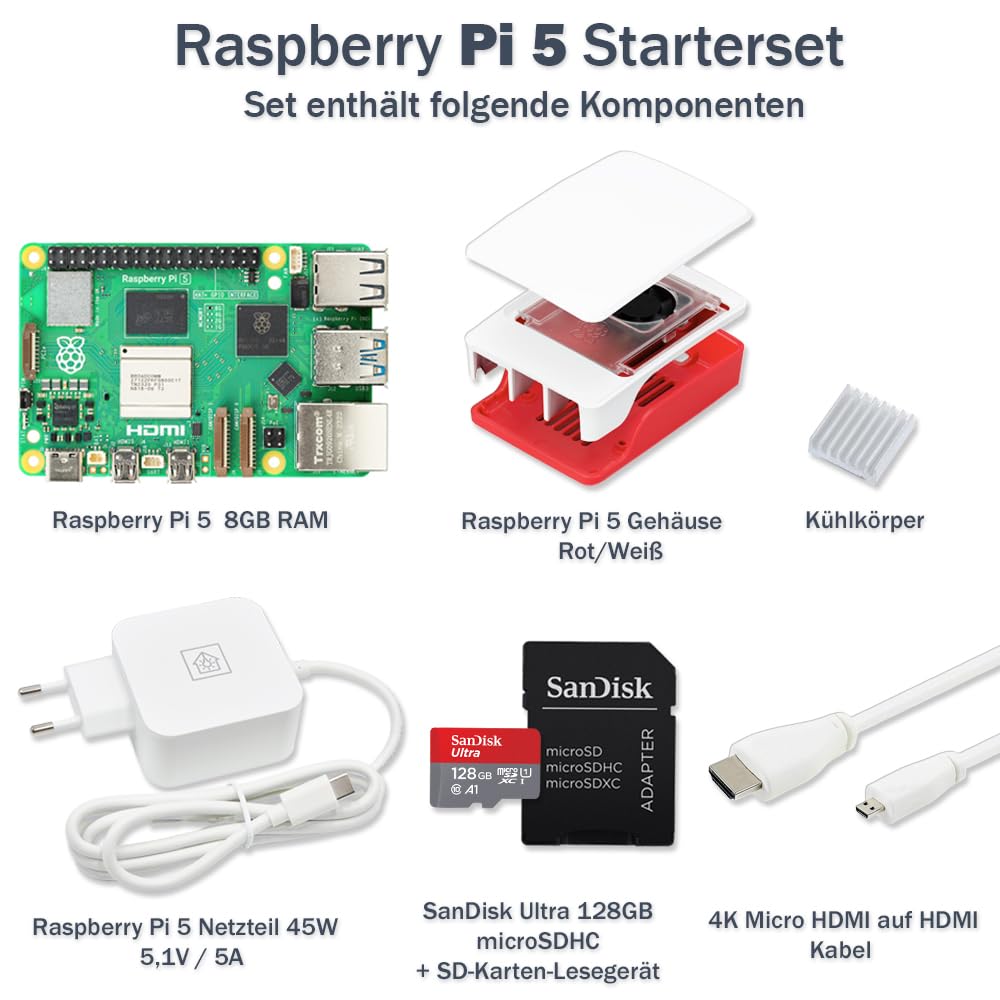 Raspberry Pi 5 8GB Starter Kit | 128GB Ultra Edition | 45W Power